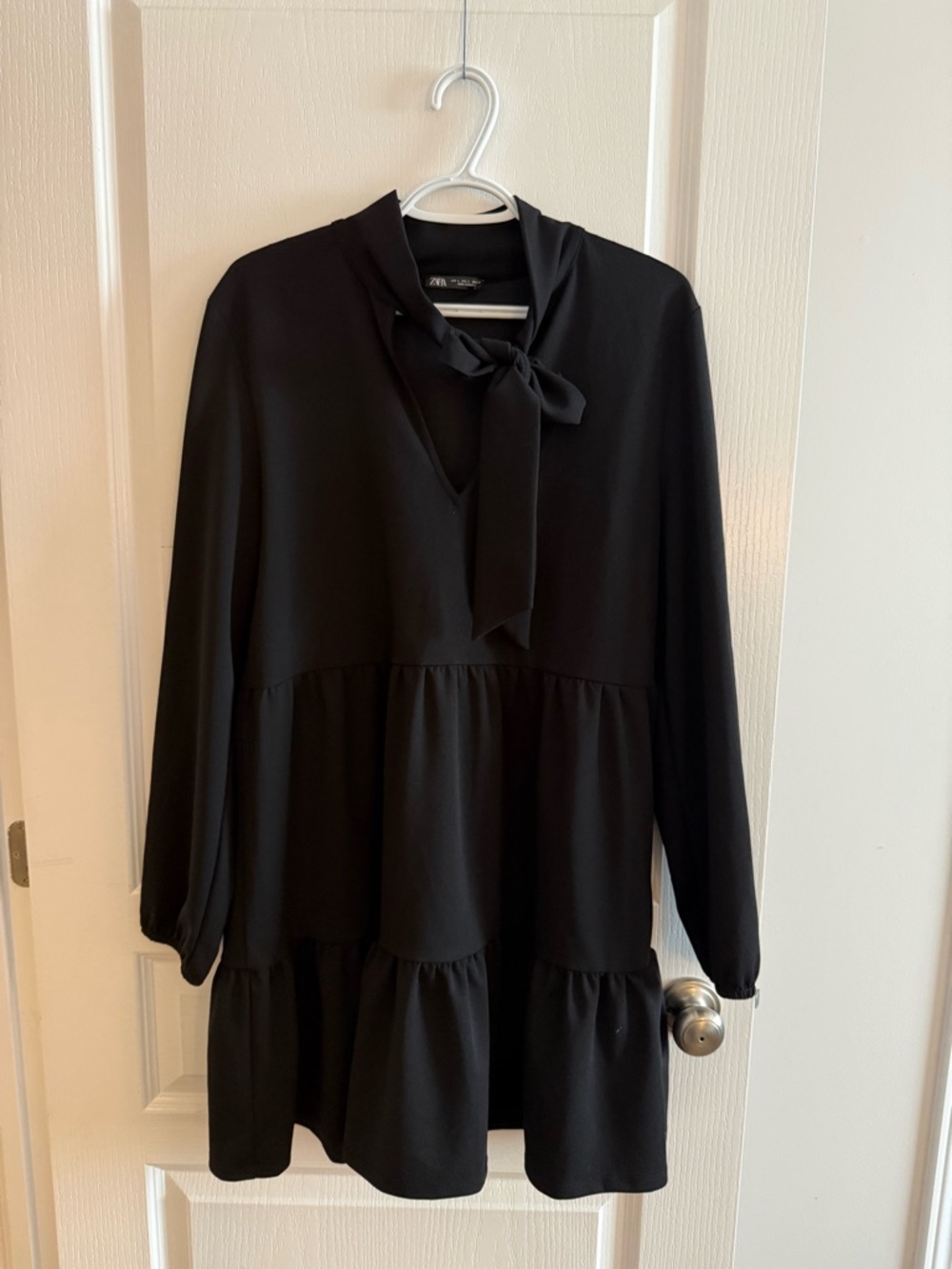 Zara Black Long-Sleeve Tie-Neck Tiered Dress